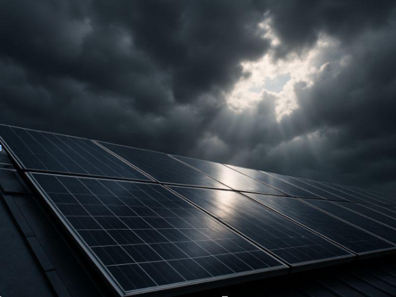 painéis solares sob um céu nublado, com feixes de luz do sol atravessando as nuvens e refletindo suavemente sobre as placas.