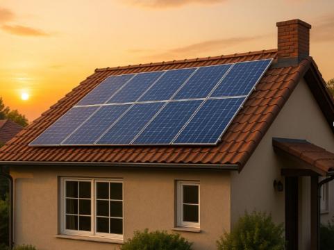 Placas solares sobre um telhado residencial em um pôr do sol