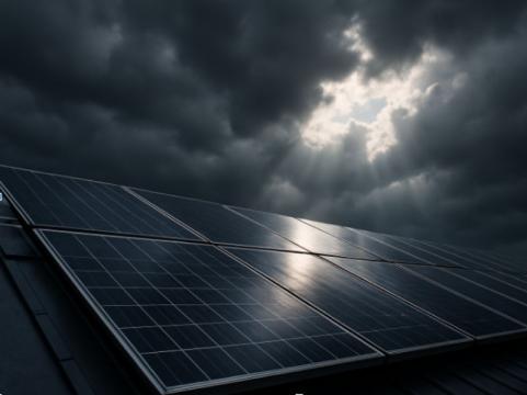 painéis solares sob um céu nublado, com feixes de luz do sol atravessando as nuvens e refletindo suavemente sobre as placas.